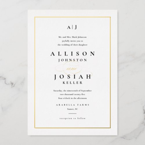 Elegant Gold Script Classic White Wedding Foil Invitation