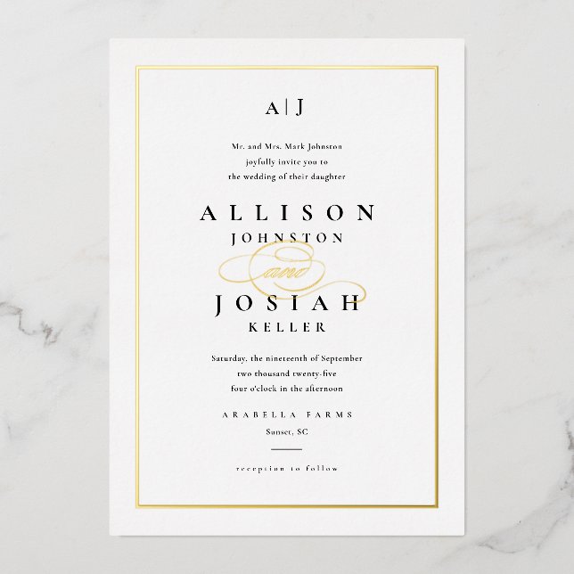 Elegant Gold Script Classic White Wedding Foil Invitation (Front)