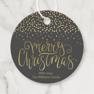 Elegant Gold Script & Confetti Black Christmas