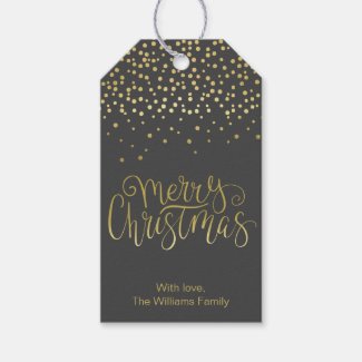 Elegant Gold Script & Confetti Black Christmas