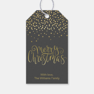 Elegant Gold Script & Confetti Black Christmas Gift Tags