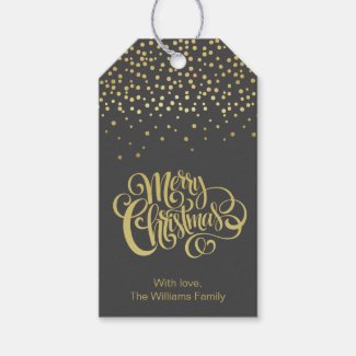 Elegant Gold Script & Confetti Black Christmas Gift Tags