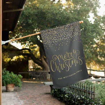 Elegant Gold Script & Confetti Black Christmas