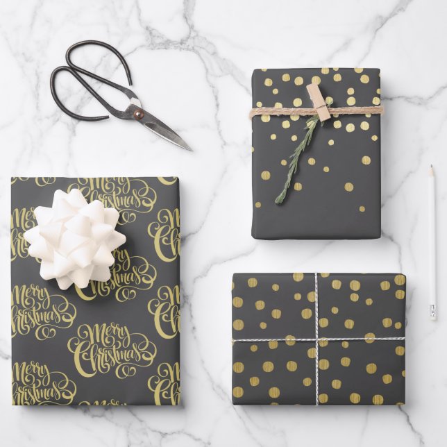 Elegant Gold Script & Confetti Black Christmas  Wrapping Paper Sheets (Front)