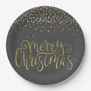 Elegant Gold Script & Confetti Glamorous Christmas Paper Plates