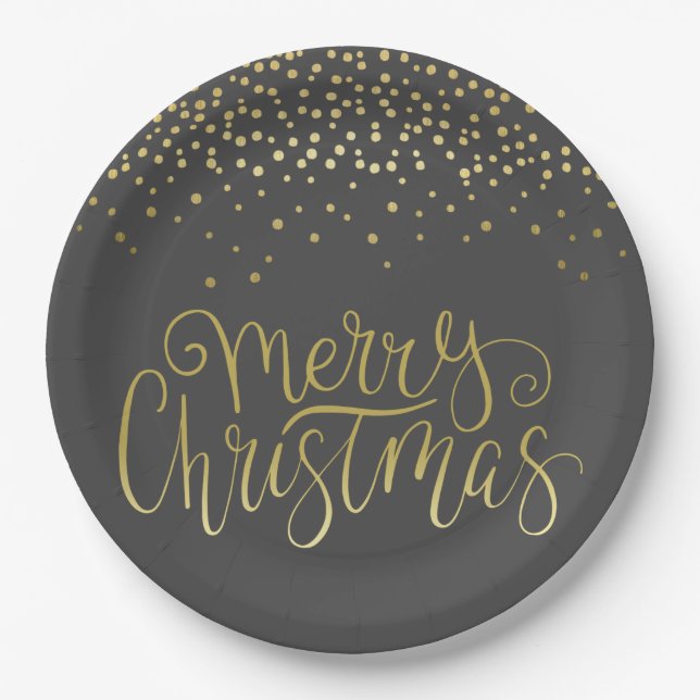 Elegant Gold Script & Confetti Glamorous Christmas Paper Plates (Front)