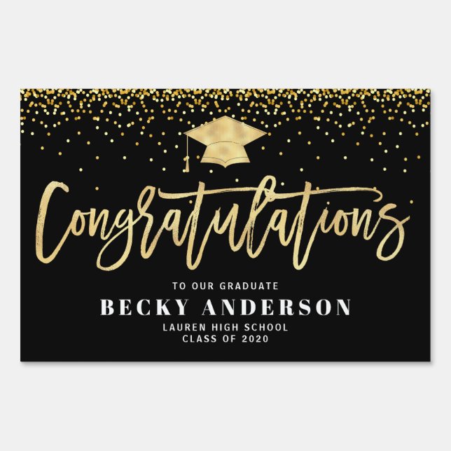 Elegant gold script confetti graduation yard sign (Front)