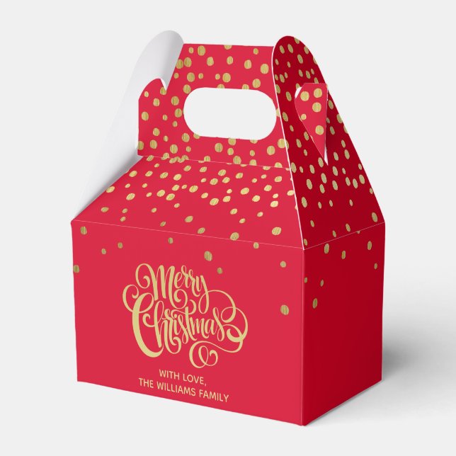 Elegant Gold Script & Confetti Red Christmas  Favor Boxes (Front Side)