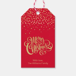 Elegant Gold Script & Confetti Red Christmas Gift Tags