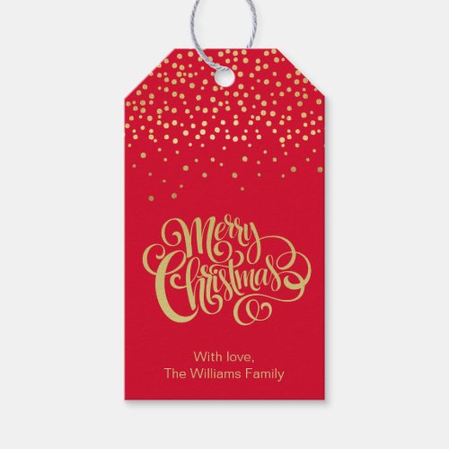 Elegant Gold Script  Confetti Red Christmas Gift Tags