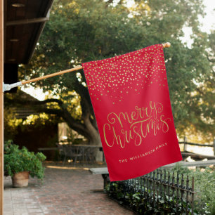 Elegant Gold Script & Confetti Red Christmas House Flag