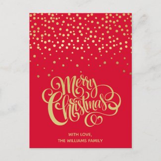Elegant Gold Script & Confetti Red Christmas
