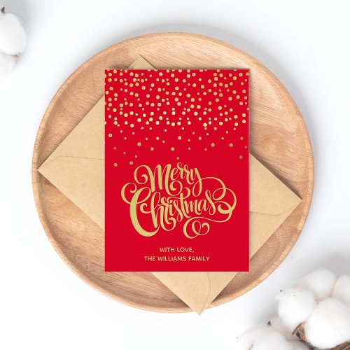 Elegant Gold Script  Confetti Red Christmas Postcard