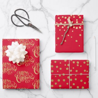 Elegant Gold Script & Confetti Red Christmas