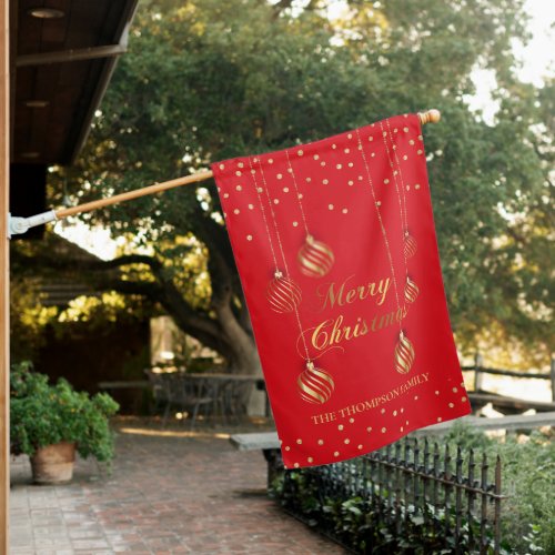Elegant Gold Script Confetti Red Family Christmas House Flag