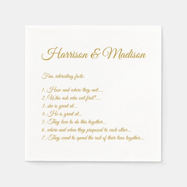 Elegant gold script couple Fun Facts wedding Napkins (Front)