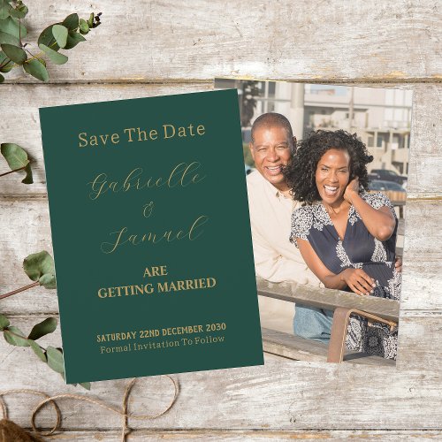 Elegant Gold Script Couple Photo Green Save The Date