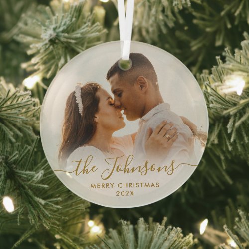 Elegant Gold Script Couple Photo Merry Christmas  Glass Ornament