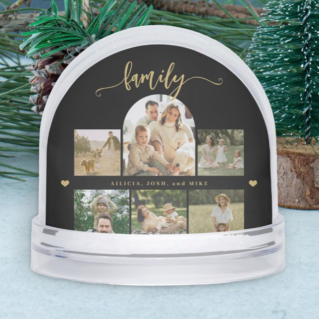 Elegant gold script custom family photo collage  snow globe (Creator Uploaded)