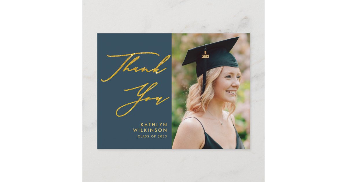 Elegant Gold Script Dusty Blue GRAD Thank You Postcard | Zazzle