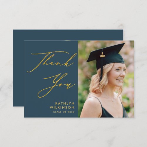 Elegant Gold Script Dusty Blue Simple Graduation Thank You Card