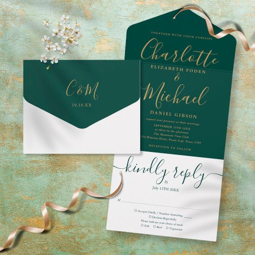 Elegant Gold Script Emerald Green Wedding All In One Invitation