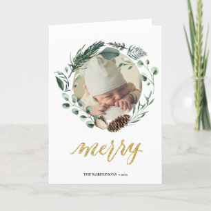 Elegant Gold Script Eucalyptus Foliage Greenery Holiday Card