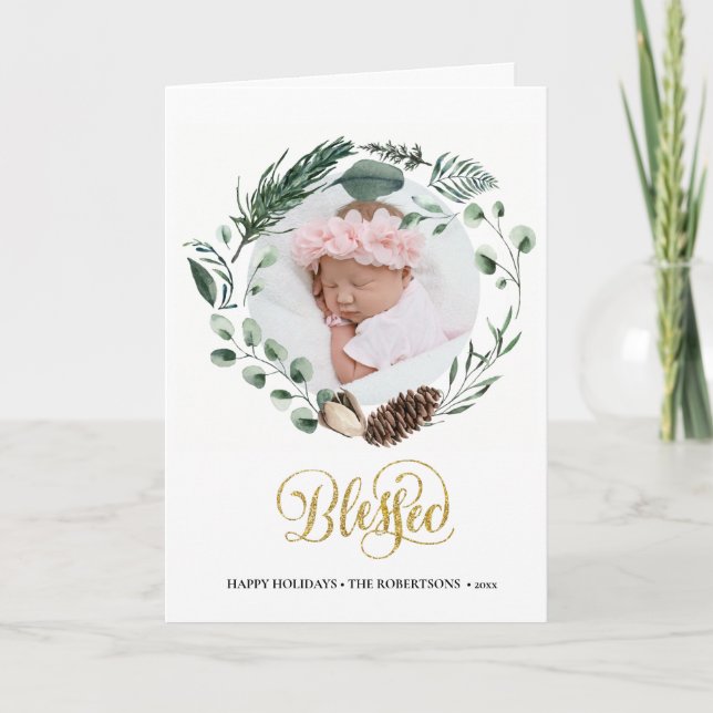 Elegant Gold Script Eucalyptus Foliage Greenery Holiday Card (Front)