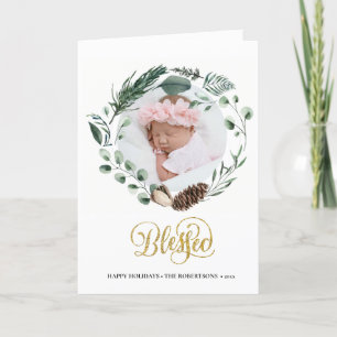 Elegant Gold Script Eucalyptus Foliage Greenery Holiday Card