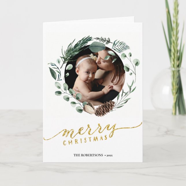 Elegant Gold Script Eucalyptus Foliage Greenery Holiday Card (Front)