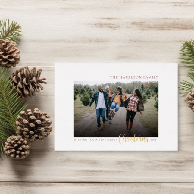 Elegant Gold Script Family Christmas Photo Foil Holiday Card (Creator Uploaded)