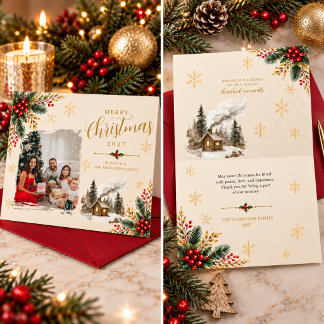 Elegant Gold Script Family Photo Christmas  Card
