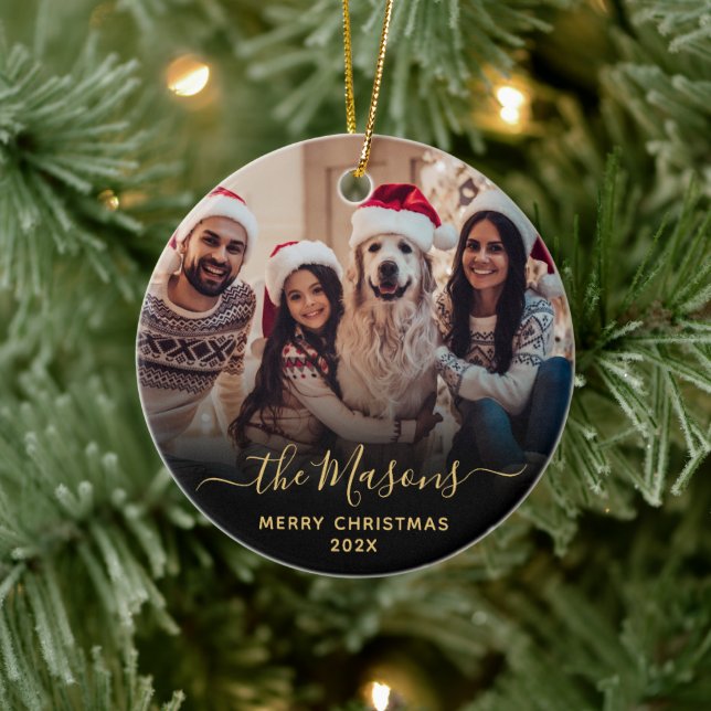 Elegant Gold Script Family Photo Merry Christmas   Ceramic Ornament (Tree)