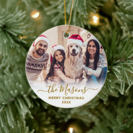 Elegant Gold Script Family Photo Merry Christmas Ceramic Ornament