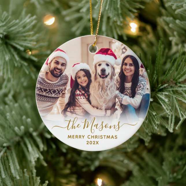Elegant Gold Script Family Photo Merry Christmas   Ceramic Ornament (Tree)