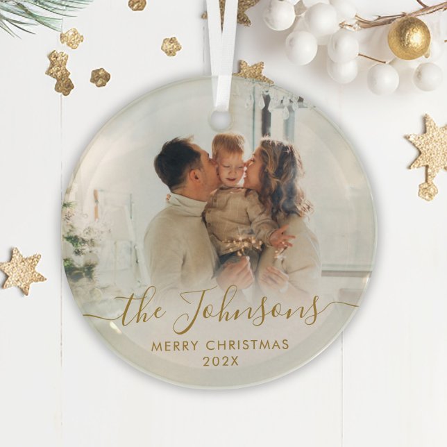 Elegant Gold Script Family Photo Merry Christmas   Glass Ornament (Creator Uploaded)