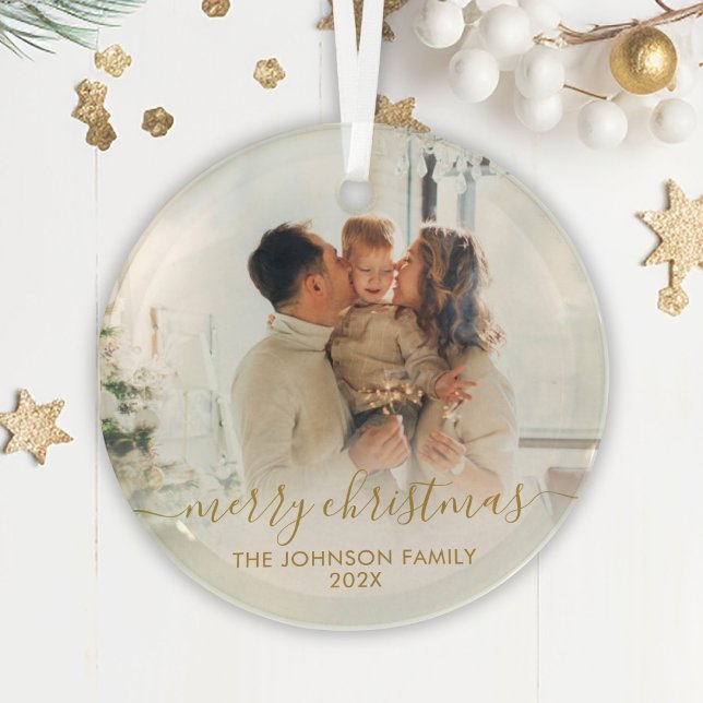 Elegant Gold Script Family Photo Merry Christmas   Glass Ornament (Creator Uploaded)