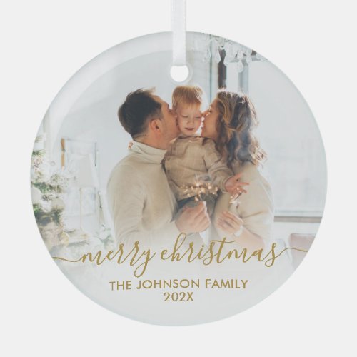 Elegant Gold Script Family Photo Merry Christmas   Glass Ornament