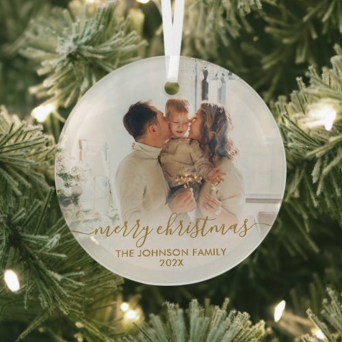 Elegant Gold Script Family Photo Merry Christmas   Glass Ornament