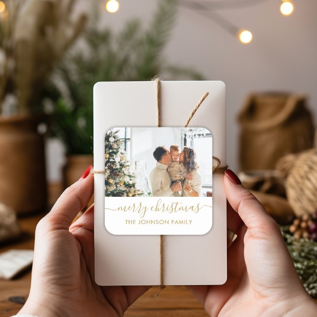 Elegant Gold Script Family Photo Merry Christmas  Square Sticker (Creator Uploaded)