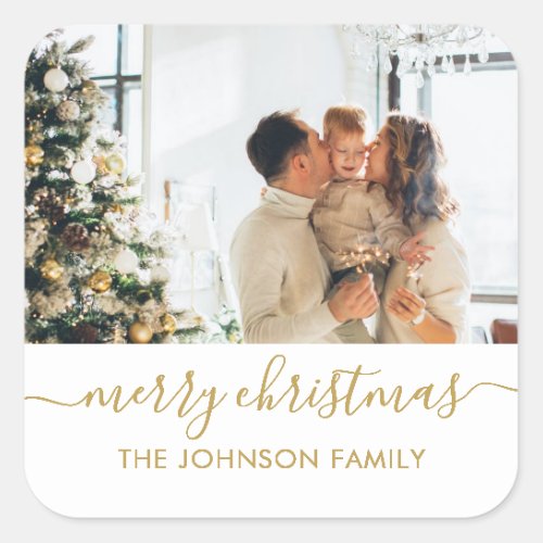 Elegant Gold Script Family Photo Merry Christmas  Square Sticker