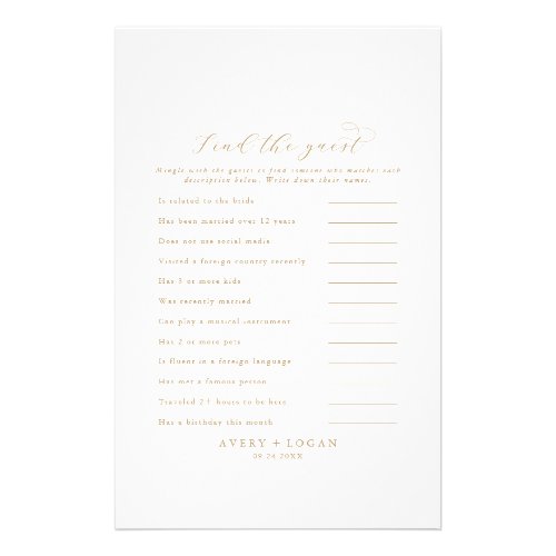 Elegant Gold Script Find the Guest Wedding Game Flyer