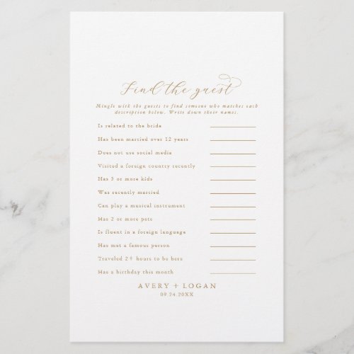 Elegant Gold Script Find the Guest Wedding Game Flyer