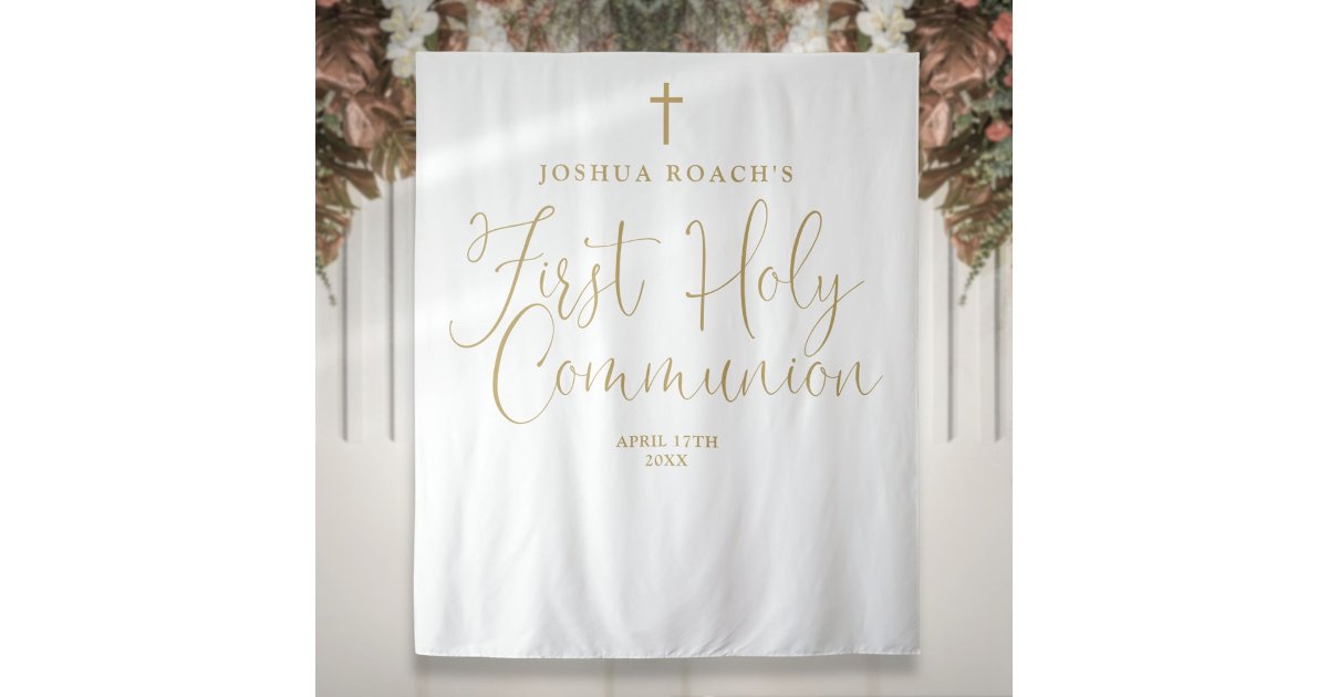 Elegant Gold Script First Holy Communion Backdrop | Zazzle