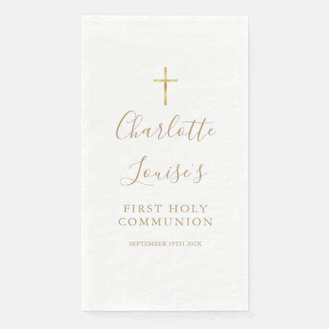 Elegant Gold Script First Holy Communion Paper Guest Towels (Front)