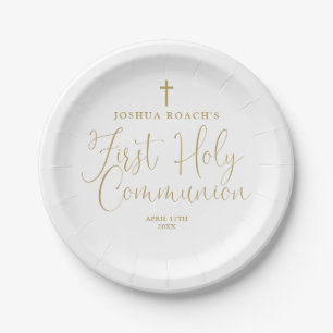 Elegant Gold Script First Holy Communion Paper Plates