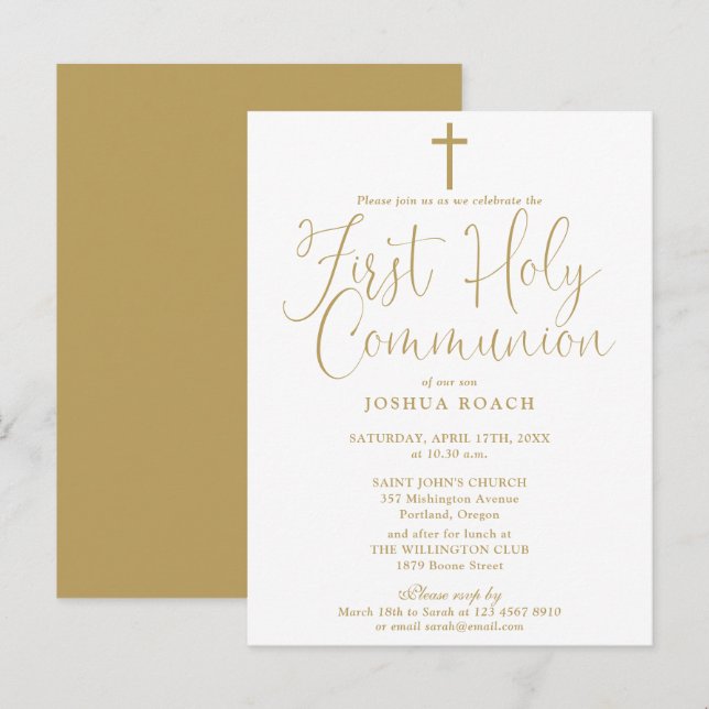 Elegant Gold Script First Holy Communion Postcard (Front/Back)