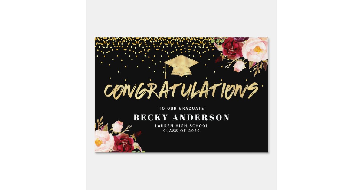 Elegant gold script floral graduation yard sign | Zazzle
