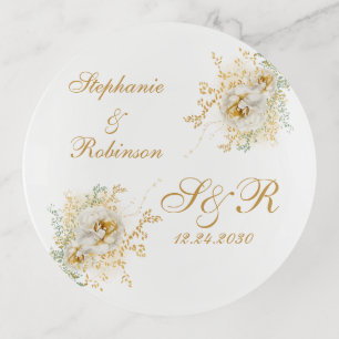 Elegant Gold Script Floral Wedding Monogram Trinket Tray