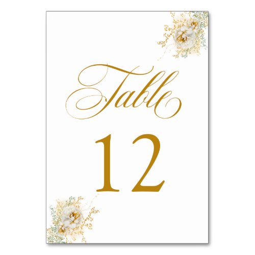 Elegant Gold Script Floral Wedding Table Number 12